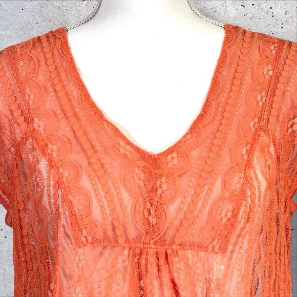 Fossil Sheer Lace Coquette Top V Neck Y2K Boho Fairy Womens’s Medium Orange - Picture 5 of 9